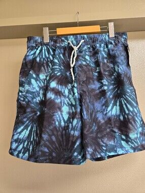 Men's Teal Blue and Black Tie-Dye Swim Trunks US Size M